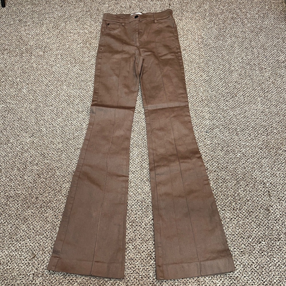 Reiss Bronze Metallic Flare Leg Trousers Brown High Rise Pants Size US 4